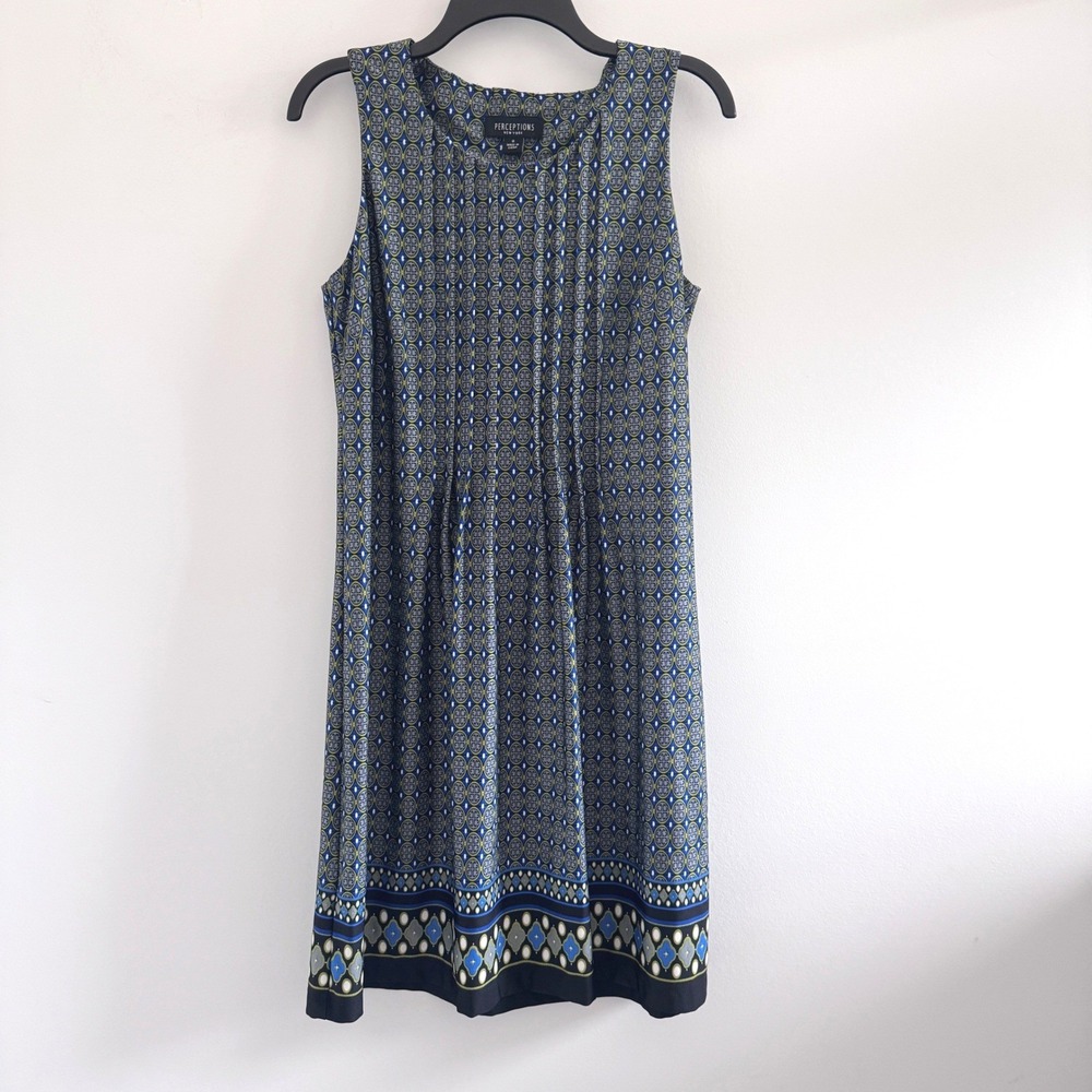 Perceptions Women 8 Sleeveless Shift Dress Blue Geometric Pleated